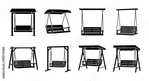 Six variations of porch swings displayed in a black and white graphic
