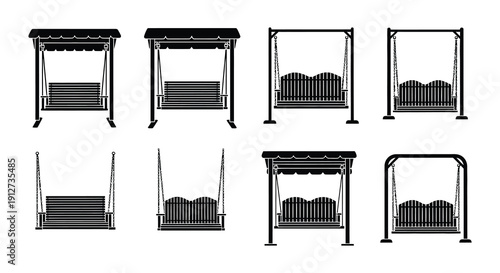 Six variations of porch swings displayed in a black and white graphic