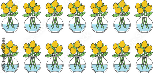 Hand drawn yellow tulip flowers in glass vase vector illustration set, spring bouquet with green leaves on white background.
