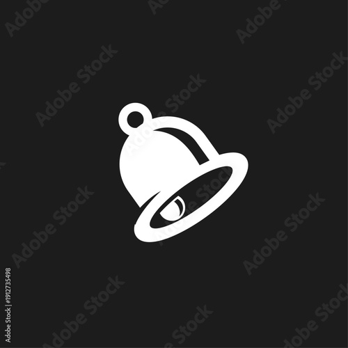 Modern minimalist white bell logo icon vector on black background for notification and alert.