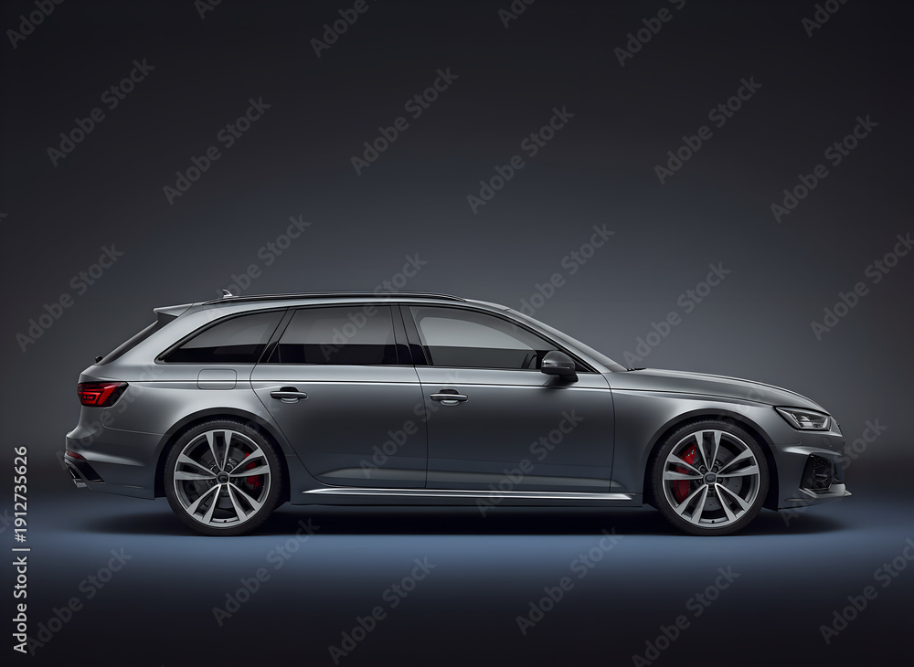 Fototapeta premium Luxury silver station wagon parked in dark studio background