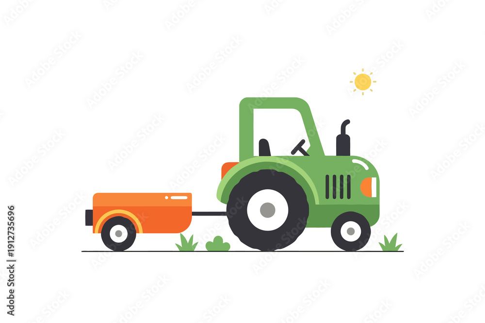 Fototapeta premium Green Tractor with Orange Trailer on Grass Field farm