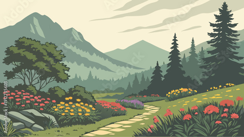 flower garden and Adirondack Mountains, New York