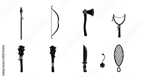 A collection of ancient weaponry depicted in a black and white illustration