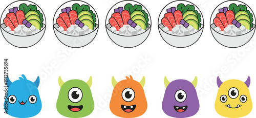Healthy poke bowl with salmon and avocado and cute colorful monster faces vector illustration set on white background.