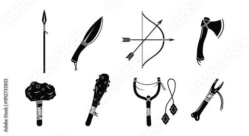 A collection of ancient weaponry depicted in a black and white illustration