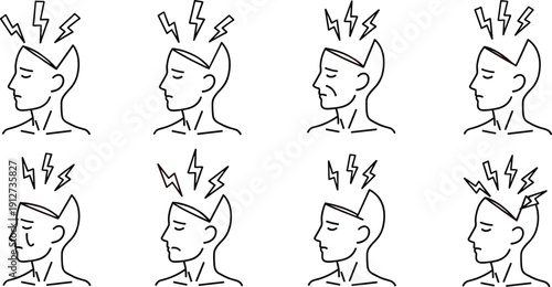 Human head with lightning bolt stress and headache icon set, migraine pain and mental health concept on white background.