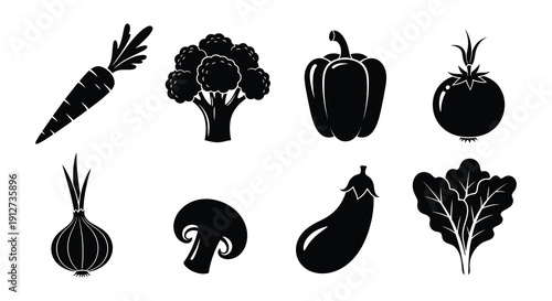 Black and white illustration of various fresh vegetables arranged in a row