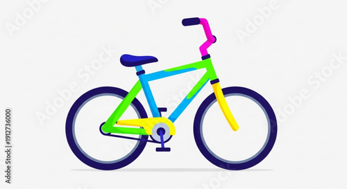 Colorful bicycle with multicolored frame and dark blue wheels and seat on white background