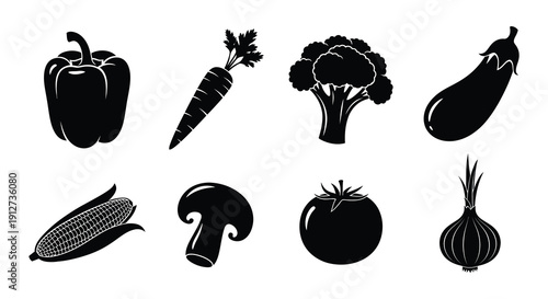 Black and white illustration of various fresh vegetables arranged in a row