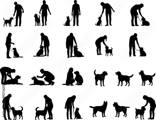 Black silhouettes of people training and walking dogs including puppies and various breeds isolated on a white background for pet care.