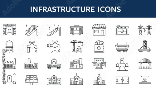 Comprehensive set of line infrastructure icons including bridges, power plants, police, schools, factories, solar panels, roads and utilities vector design