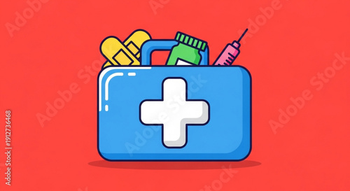 First aid kit with medical supplies on red background for health and emergency care