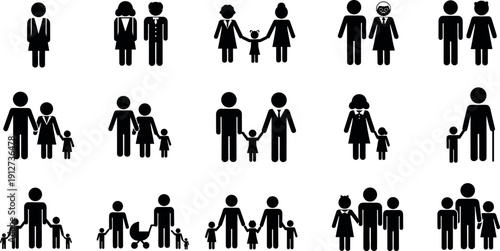 Comprehensive Collection of Diverse Family Icons Representing Single Parents Same Sex Couples Multi Generational Households and Various Modern Domestic Relationship Structures