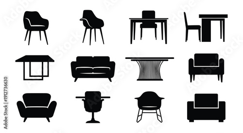 Black silhouette icons depicting various furniture pieces in a grid layout