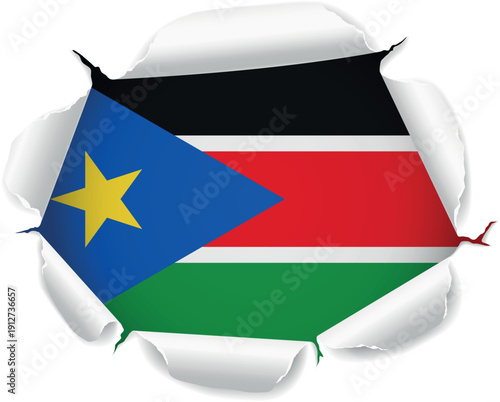 Flag of South Sudan. Flag Revealed Through Torn Paper Hole over a transparent background