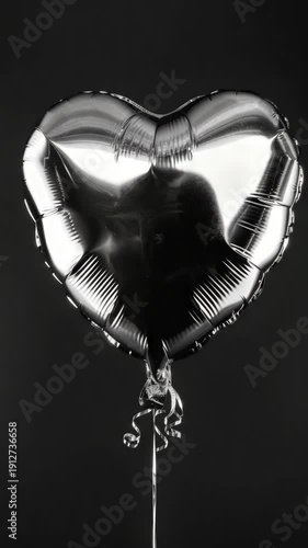 A shiny heart-shaped foil balloon with a reflective surface and silver stems