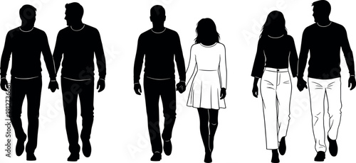 Diverse couples silhouettes walking and holding hands including male pair and heterosexual partners in casual clothing for lifestyle vector design