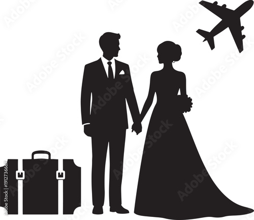Black silhouette couple holding hands with luggage and airplane woman