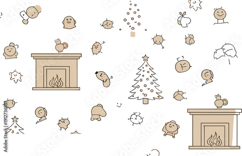 Cute Hand Drawn Christmas Doodle Set with Fireplace Tree Cookies and Cozy Winter Holiday Elements Vector Collection