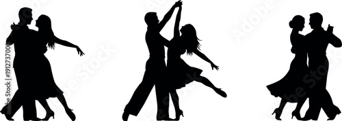 Elegant Ballroom Dancing Silhouettes Featuring Couples in Graceful Poses for Salsa Tango Waltz and Latin Dance Performance Vector Illustration Art