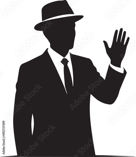 Black Silhouette Man Waving in Suit and Fedora Hat