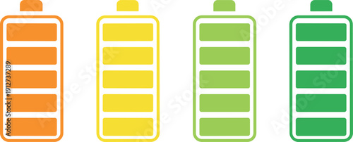 Battery Level Icon Set Showing Charging Status from Low to Full Power for Energy, Device, and Technology Vector Design