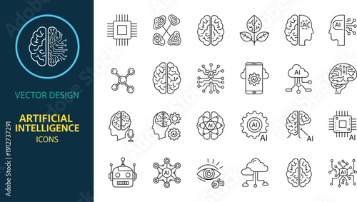 Artificial Intelligence Icon Set for Machine Learning, Neural Networks, Data Science, Automation, Robotics, and Smart Technology Vector Design