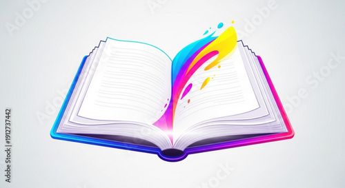 Vibrant open book with colorful paint splash on white background symbolizing creativity and learning