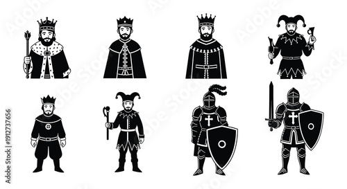 Black and white illustrations of medieval royalty and knights