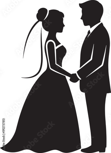 Black silhouette of bride and groom holding hands in wedding attire white