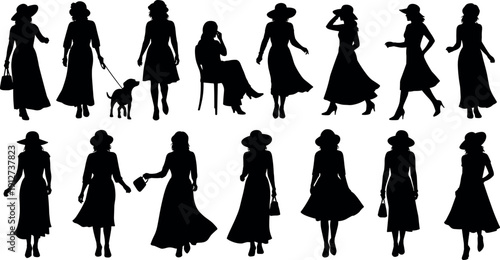 Elegant Silhouettes of Women in Summer Dresses and Sun Hats Walking with Dog and Sitting for Fashionable Lifestyle Vector Illustration