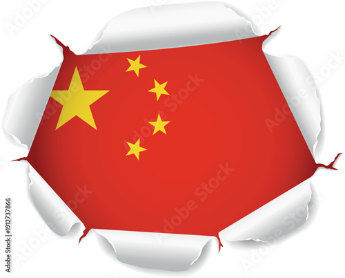 Flag of China. Flag Revealed Through Torn Paper Hole over a transparent background