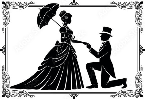 Elegant Victorian Silhouette Illustration of a Gentleman Proposing to a Lady in a Ball Gown with Parasol and Vintage Ornate Border