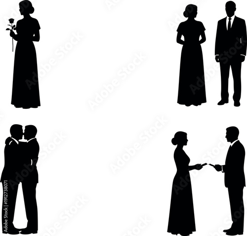 Elegant Wedding Silhouette Collection Featuring Bride with Rose Groom in Suit Same Sex Couple and Marriage Vows Exchange Illustrations Set