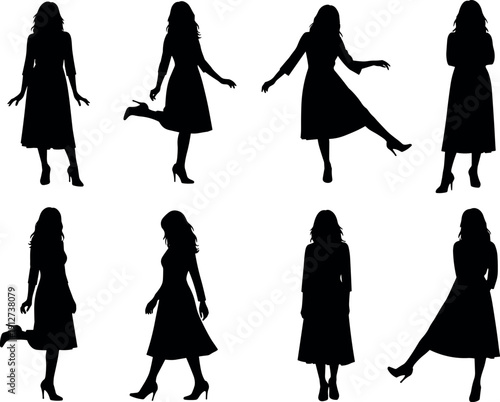 Elegant Woman Silhouette Set in Fashionable Midi Dresses and High Heels for Lifestyle Design, Vector Poses, and Creative Female Illustrations