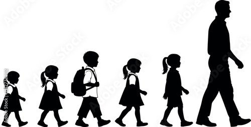 Silhouette progression of child to adult male with school backpacks representing education growth, learning journey, mentorship, and development stages