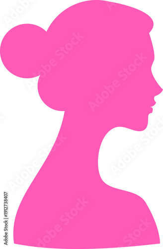 Elegant silhouette of a woman in profile, featuring a classic updo hairstyle, in a vibrant pink color, set against a clean white background, creating a modern and feminine aesthetic.