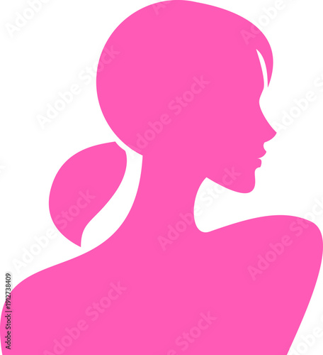 Elegant silhouette of a woman in profile, stylized with clean lines and vibrant pink color, depicting beauty, femininity, and grace on a stark white background for design.
