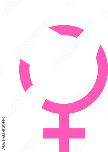 A minimalist and abstract depiction of the female gender symbol in vibrant pink against a pristine white background, representing femininity, women's rights, and equality in a modern, graphi