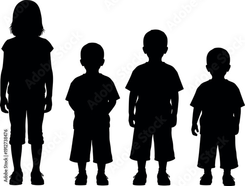 Full length silhouette of diverse group of four young children and kids standing together in a row on white background