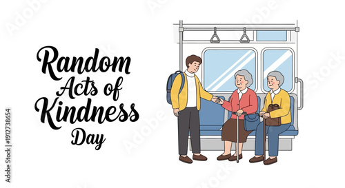 Illustration of people on public transport showing selfless appreciation and empathy on Random Acts of Kindness Day