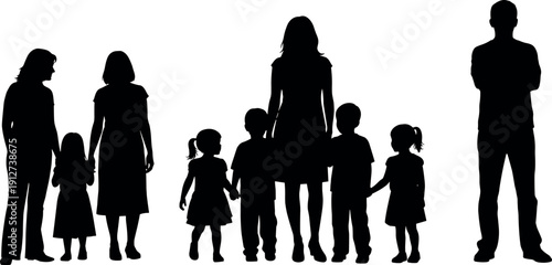 Large diverse group of people silhouettes including children and adults standing together and apart representing family dynamics and social isolation.
