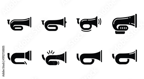 Various black and white illustrations of old fashioned bells and horns