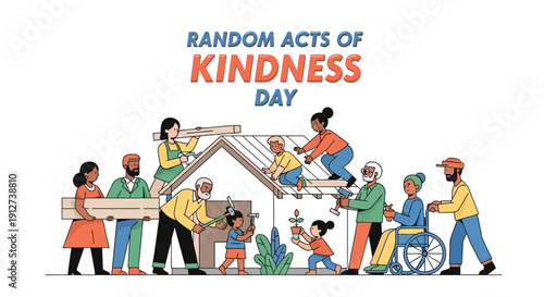 People performing selfless acts on Random Acts of Kindness Day with illustrations of diverse individuals helping each other.
