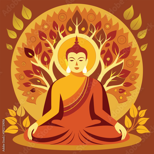 Serene Buddha Meditating Under a Stylized Bodhi Tree