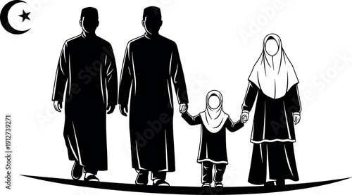 Muslim Family Walking Together Illustration with Two Men a Woman and Child in Modest Islamic Attire with Star and Crescent