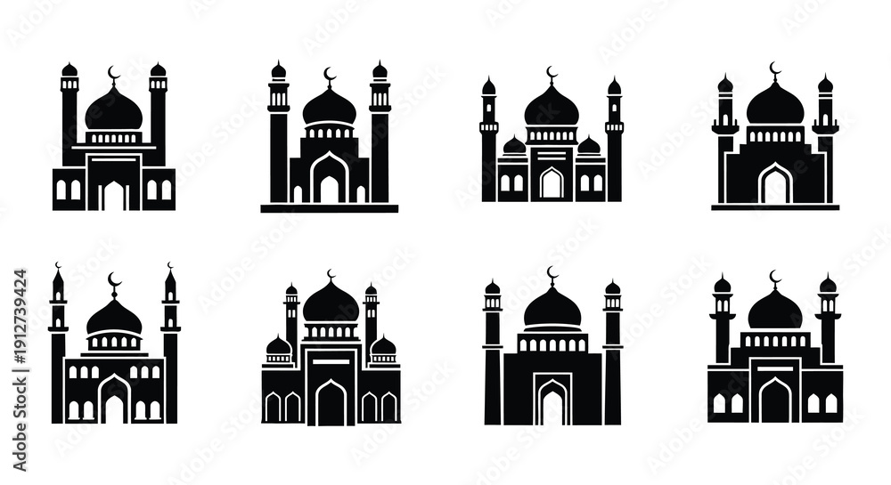 Fototapeta premium Collection of black silhouette islamic mosque building icons and designs