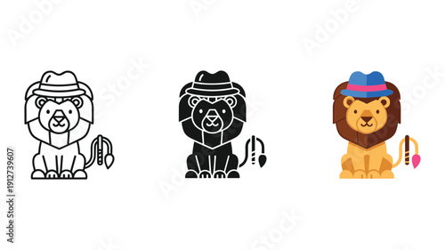 Cartoon lion in sunglasses and hat, three versions: line art, black and white, and colored.