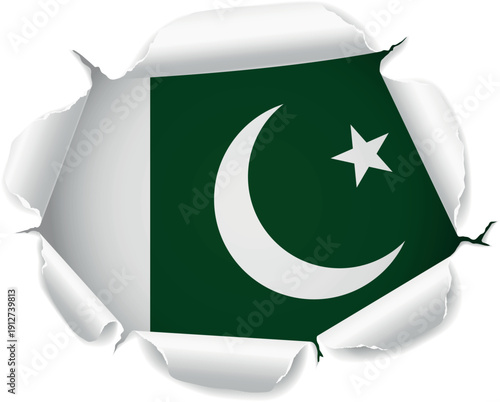 Flag of Pakistan. Flag Revealed Through Torn Paper Hole over a transparent background